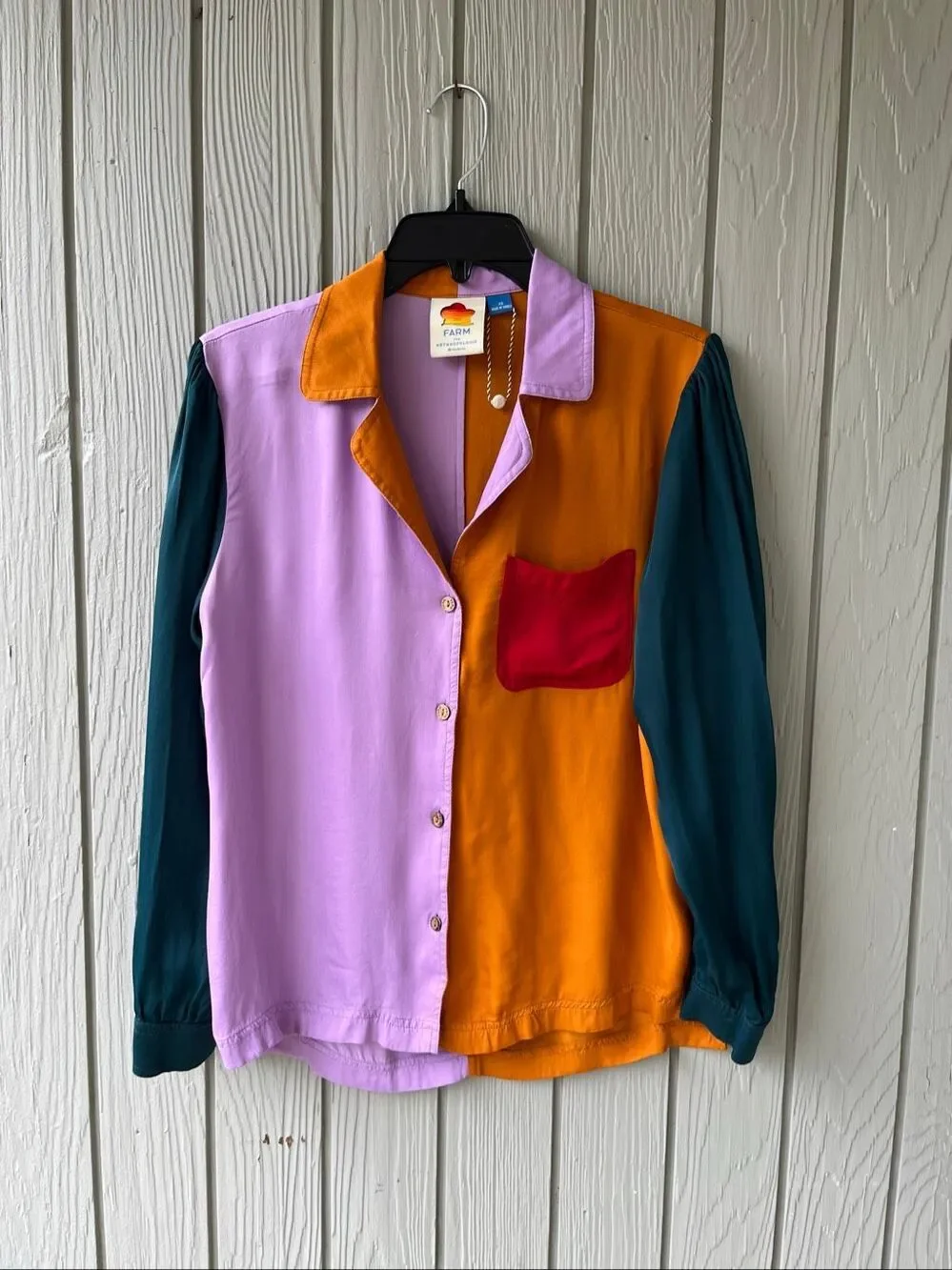 Farm Rio for Anthropologie Colorblock Puff Sleeve Button Down Blouse XS